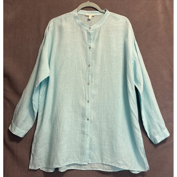 Eileen Fisher Tops - Eileen Fisher Organic Linen Button Tunic Top Band Collar Large Aqua Blue Resort